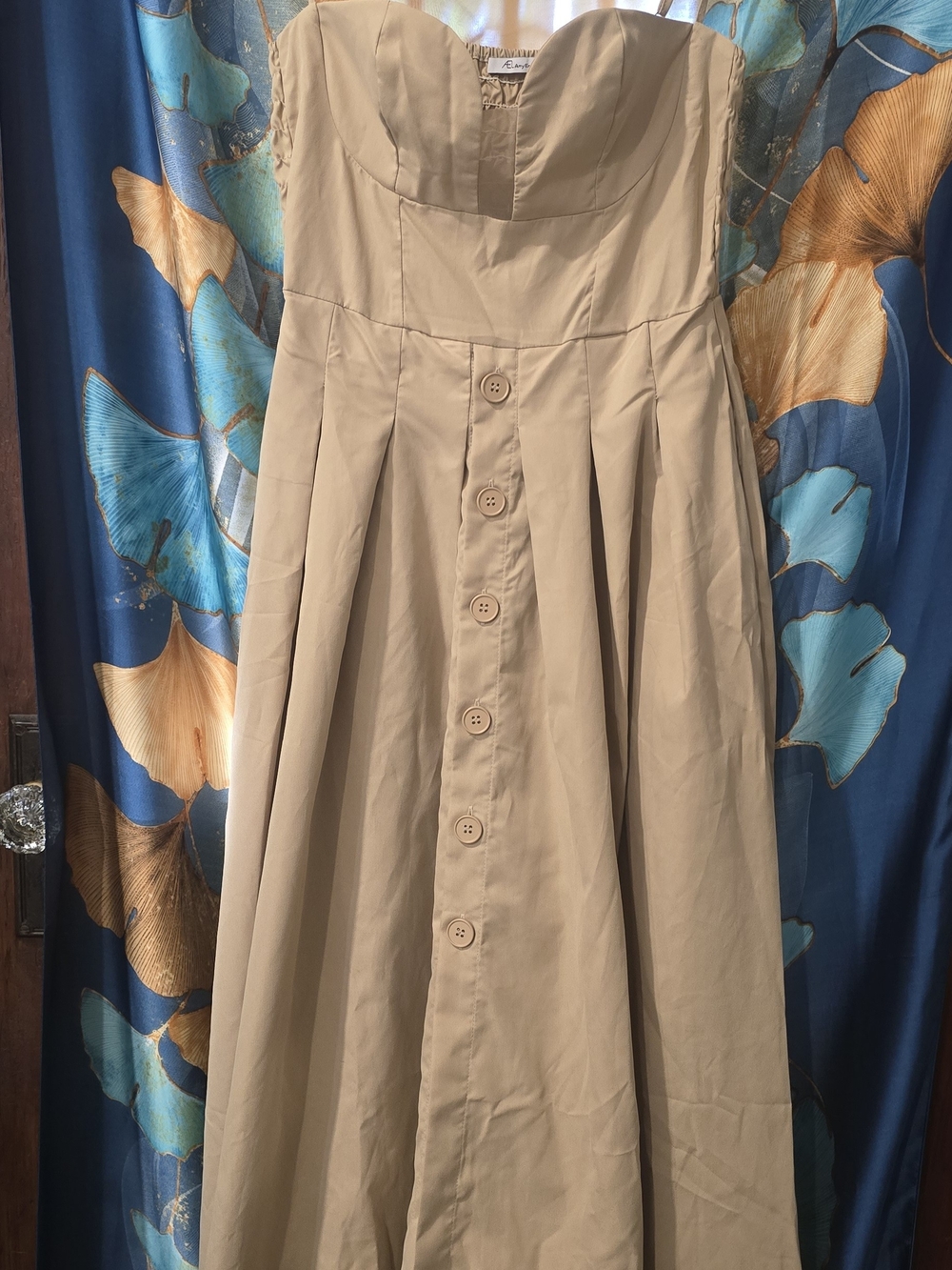 Strapless Beige Button-Front Midi Dress With Pockets
